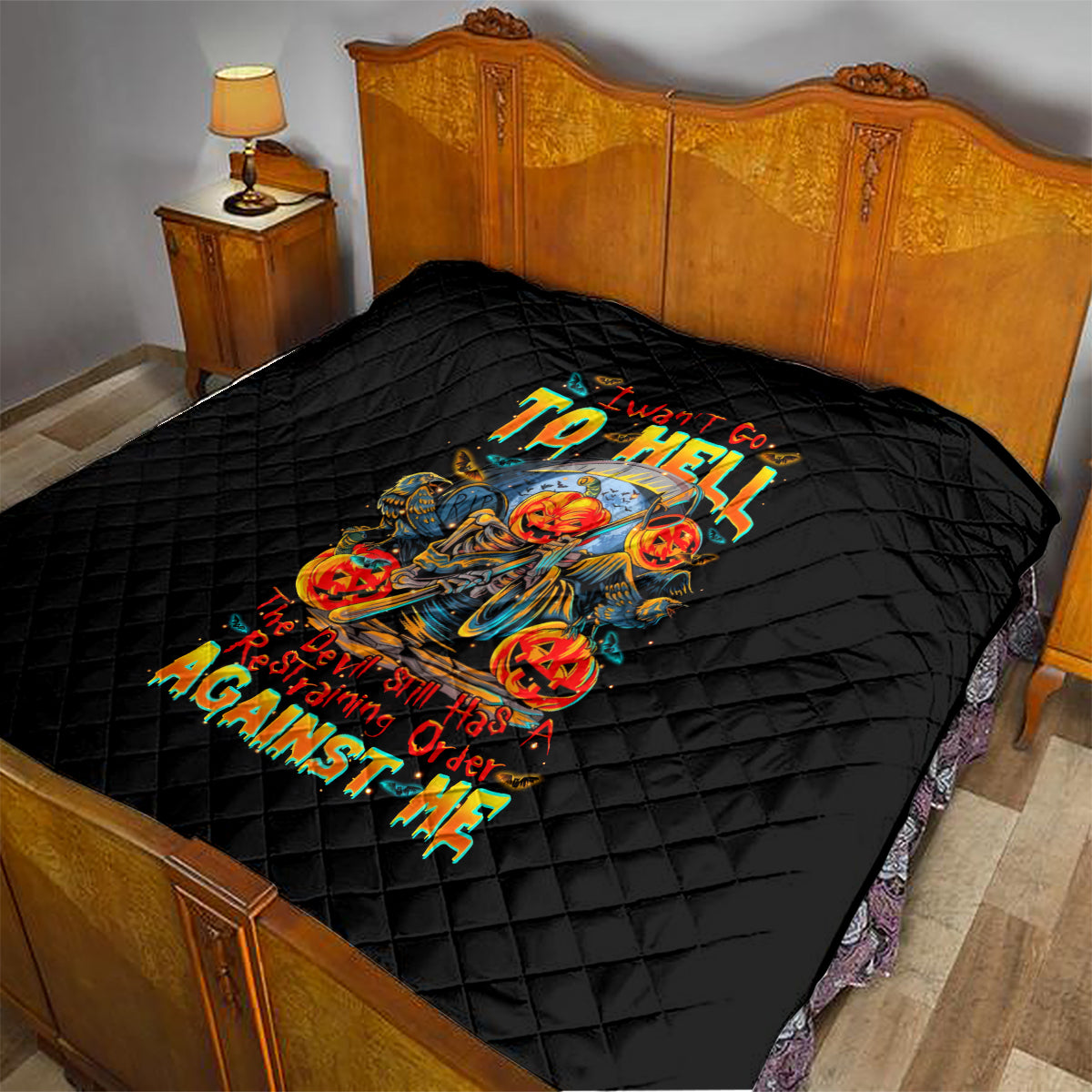 Pumpkin Skull Quilt I Wan't Go To Hell The Devil Still Restraining Against Me - Wonder Print Shop