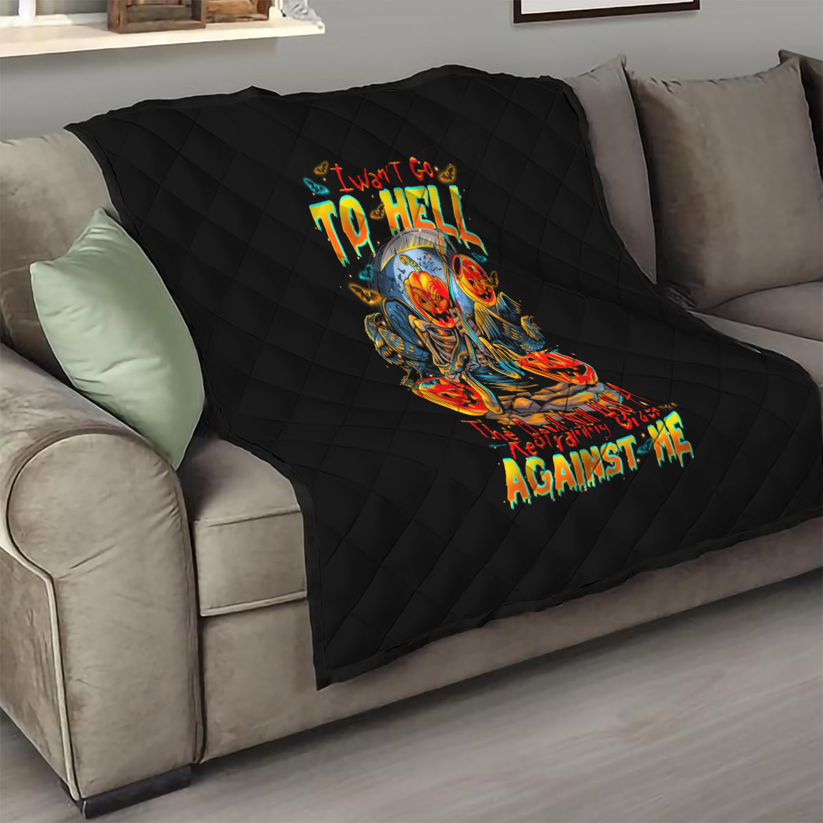 Pumpkin Skull Quilt I Wan't Go To Hell The Devil Still Restraining Against Me - Wonder Print Shop