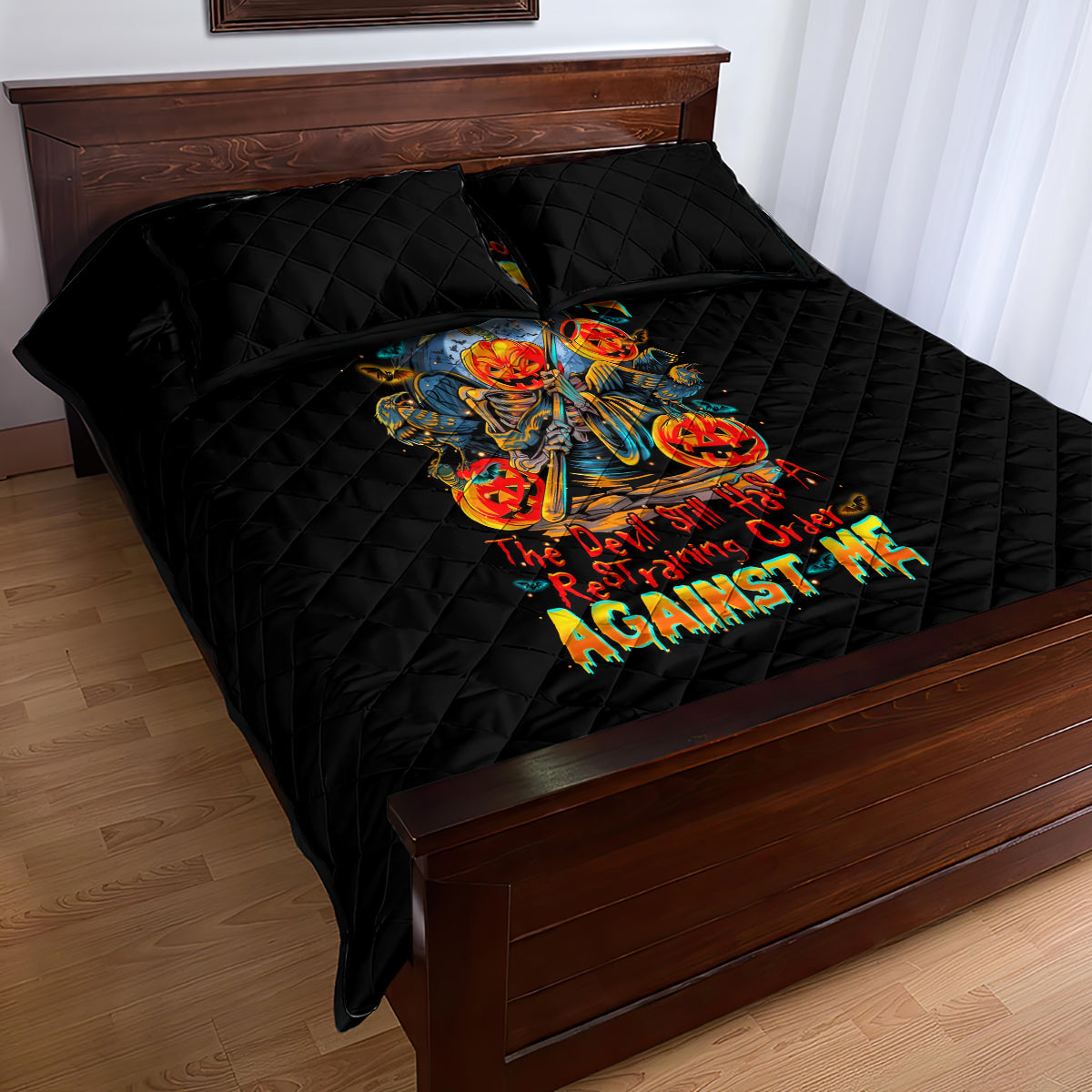 Pumpkin Skull Quilt Bed Set I Wan't Go To Hell The Devil Still Restraining Against Me - Wonder Print Shop