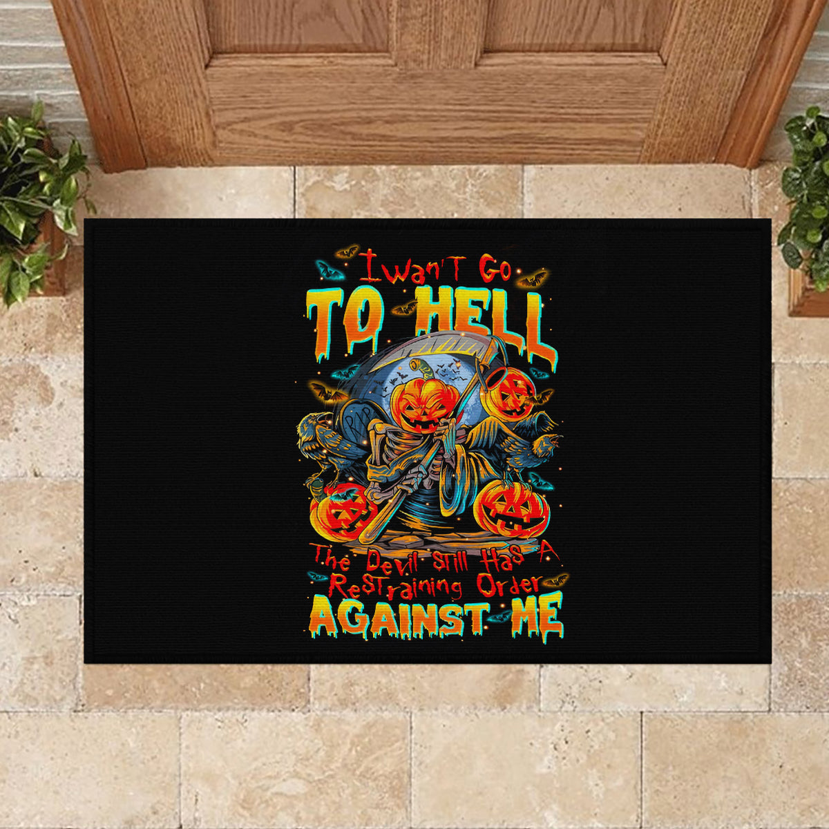 Pumpkin Skull Rubber Doormat I Wan't Go To Hell The Devil Still Restraining Against Me - Wonder Print Shop