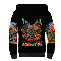 Black sherpa hoodie with pumpkin skull devil graphic and printed text, front view