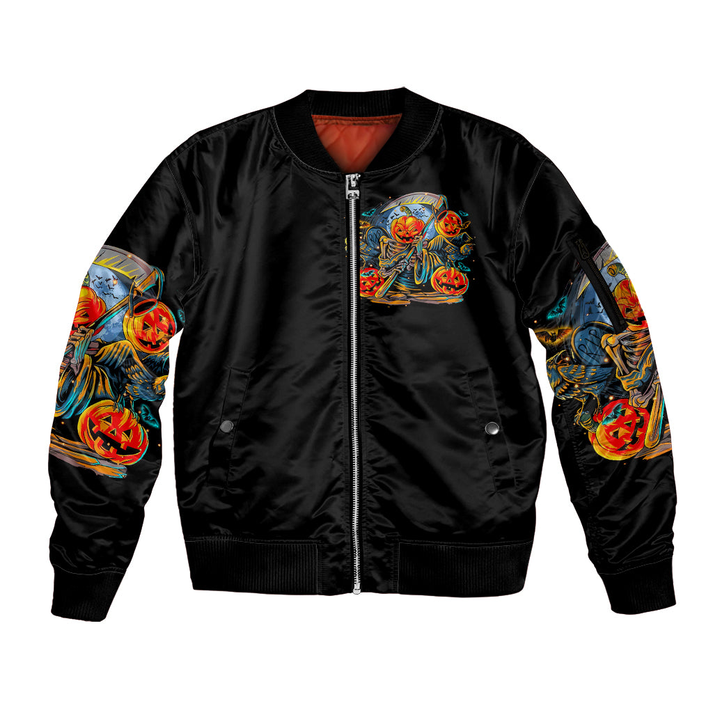 Pumpkin Skull Sleeve Zip Bomber Jacket I Wan't Go To Hell The Devil Still Restraining Against Me - Wonder Print Shop