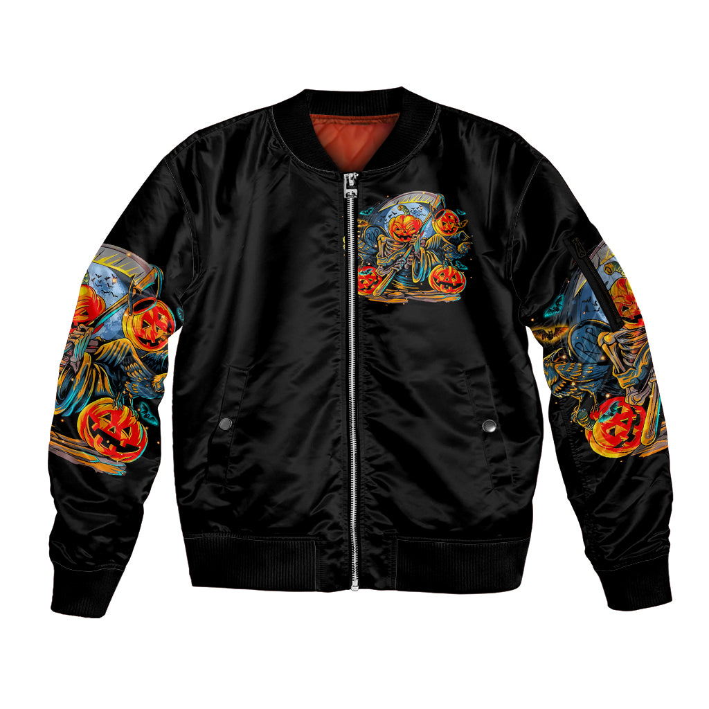 Pumpkin Skull Sleeve Zip Bomber Jacket I Wan't Go To Hell The Devil Still Restraining Against Me - Wonder Print Shop