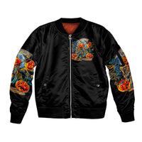 Pumpkin Skull Sleeve Zip Bomber Jacket I Wan't Go To Hell The Devil Still Restraining Against Me - Wonder Print Shop