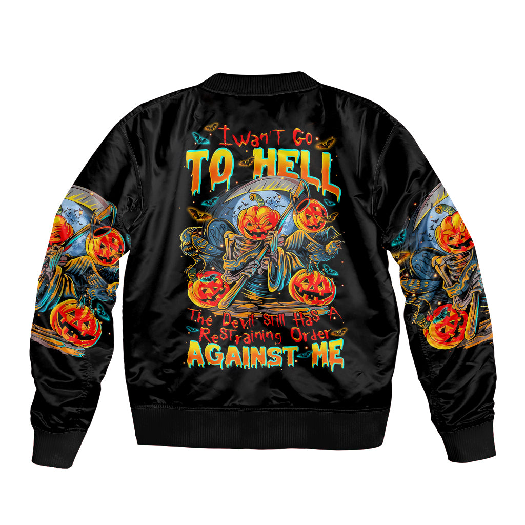 Pumpkin Skull Sleeve Zip Bomber Jacket I Wan't Go To Hell The Devil Still Restraining Against Me - Wonder Print Shop