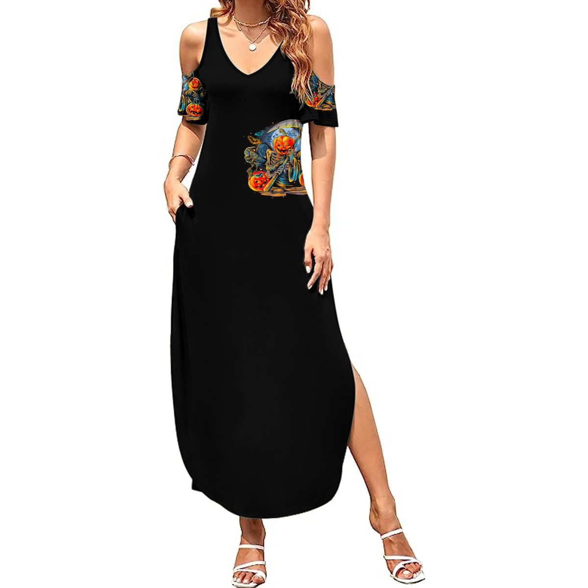 Pumpkin Skull Summer Maxi Dress I Wan't Go To Hell The Devil Still Restraining Against Me - Wonder Print Shop