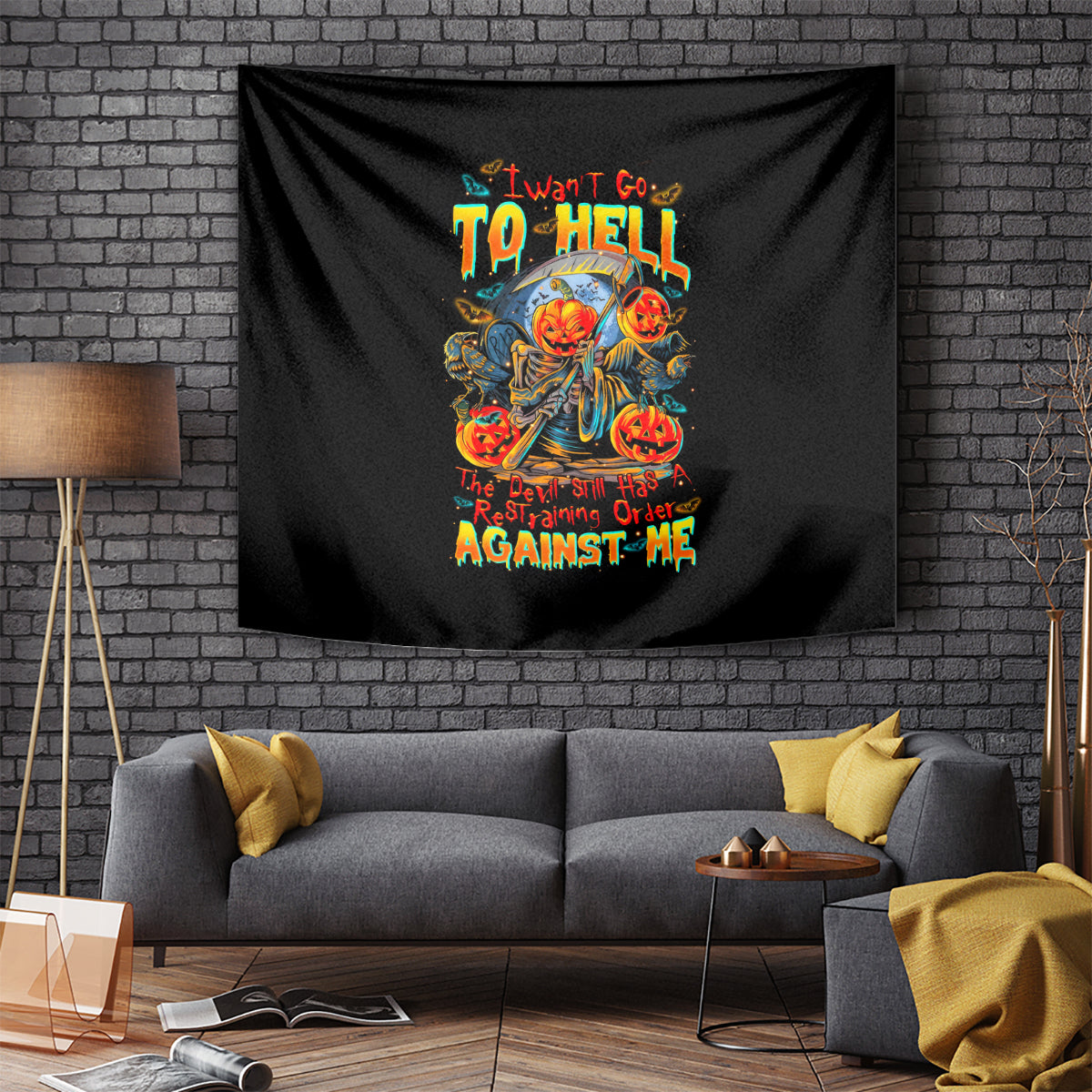 Pumpkin Skull Tapestry I Wan't Go To Hell The Devil Still Restraining Against Me - Wonder Print Shop