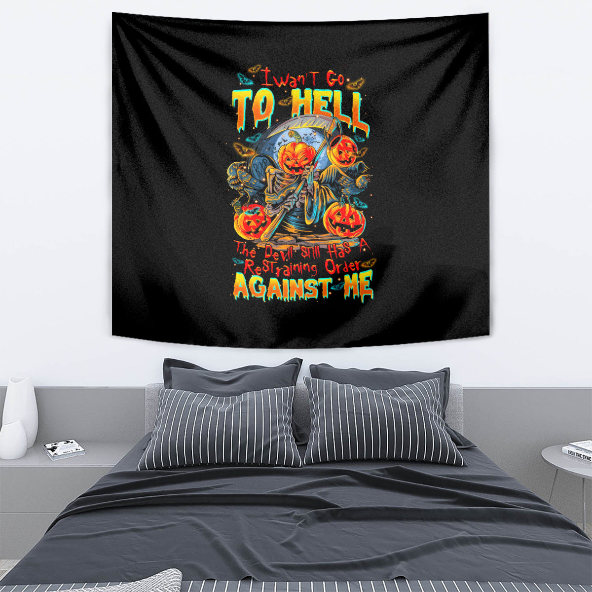 Pumpkin Skull Tapestry I Wan't Go To Hell The Devil Still Restraining Against Me - Wonder Print Shop