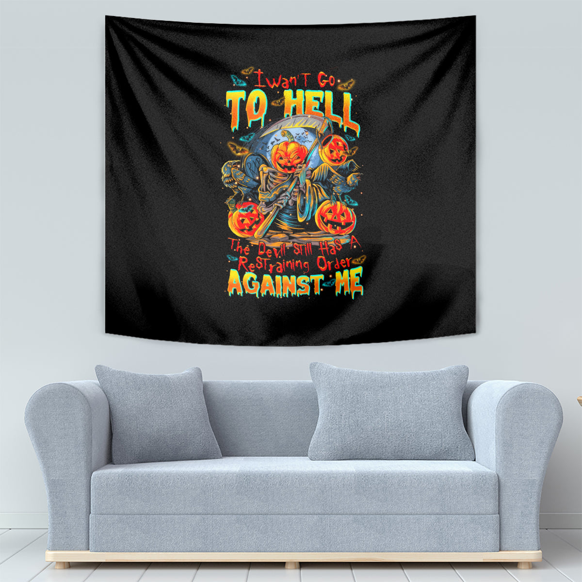 Pumpkin Skull Tapestry I Wan't Go To Hell The Devil Still Restraining Against Me - Wonder Print Shop