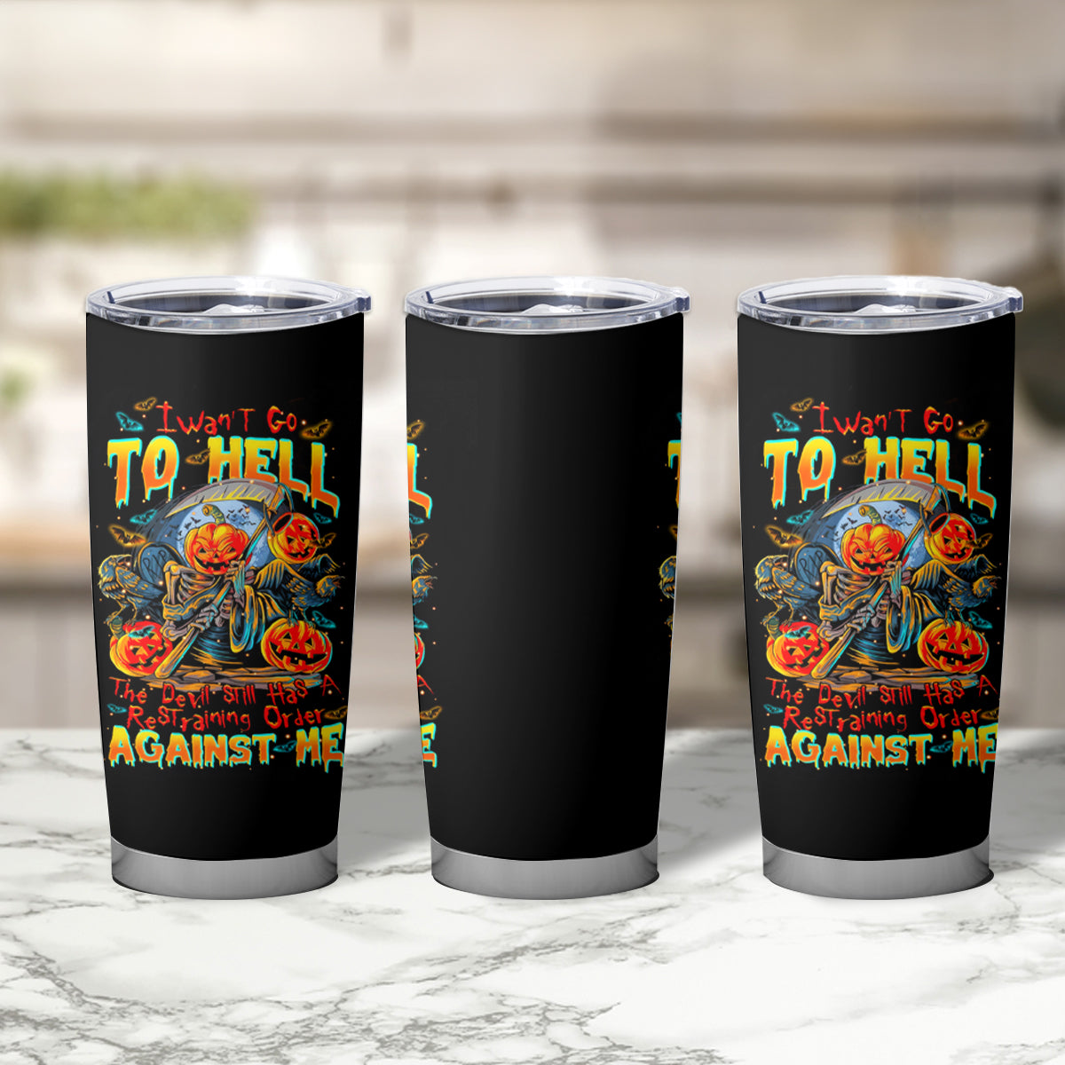 Pumpkin Skull Tumbler Cup I Wan't Go To Hell The Devil Still Restraining Against Me - Wonder Print Shop