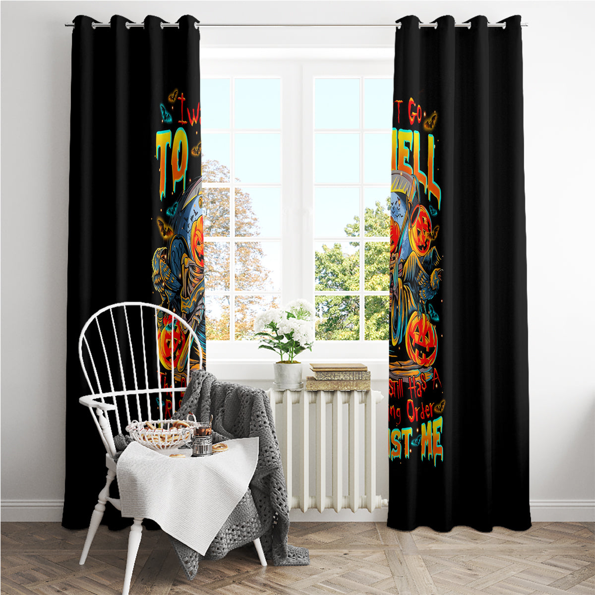 Pumpkin Skull Window Curtain I Wan't Go To Hell The Devil Still Restraining Against Me - Wonder Print Shop