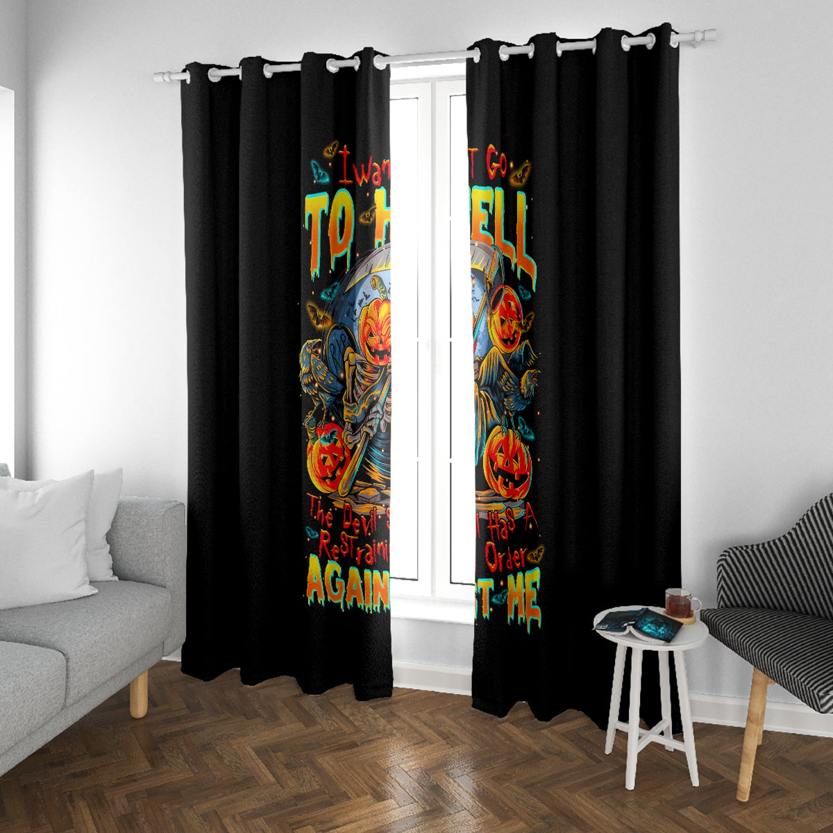 Pumpkin Skull Window Curtain I Wan't Go To Hell The Devil Still Restraining Against Me - Wonder Print Shop