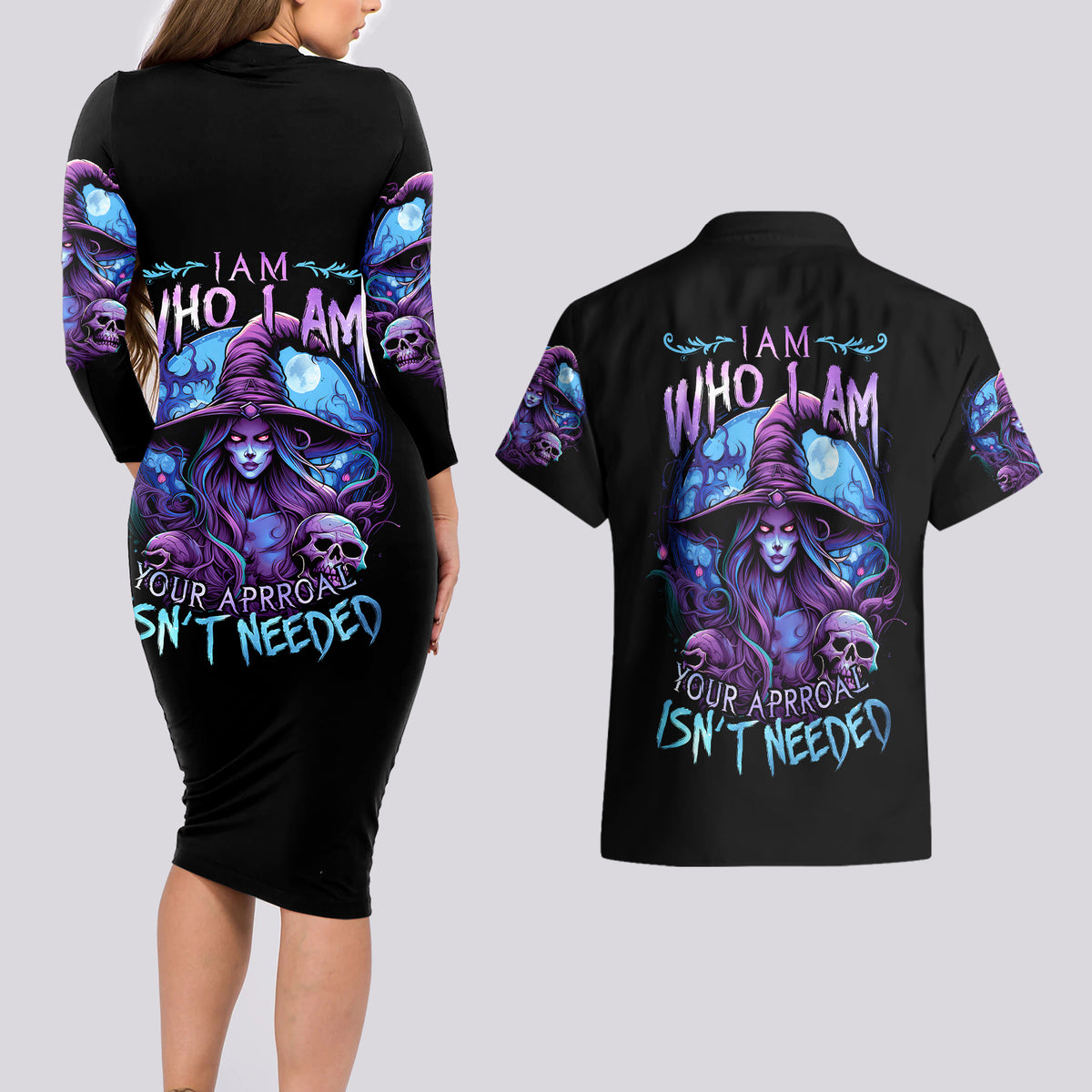 Witch Skull Couples Matching Long Sleeve Bodycon Dress and Hawaiian Shirt Iam Who Iam Your Approval Isn't Need - Wonder Print Shop
