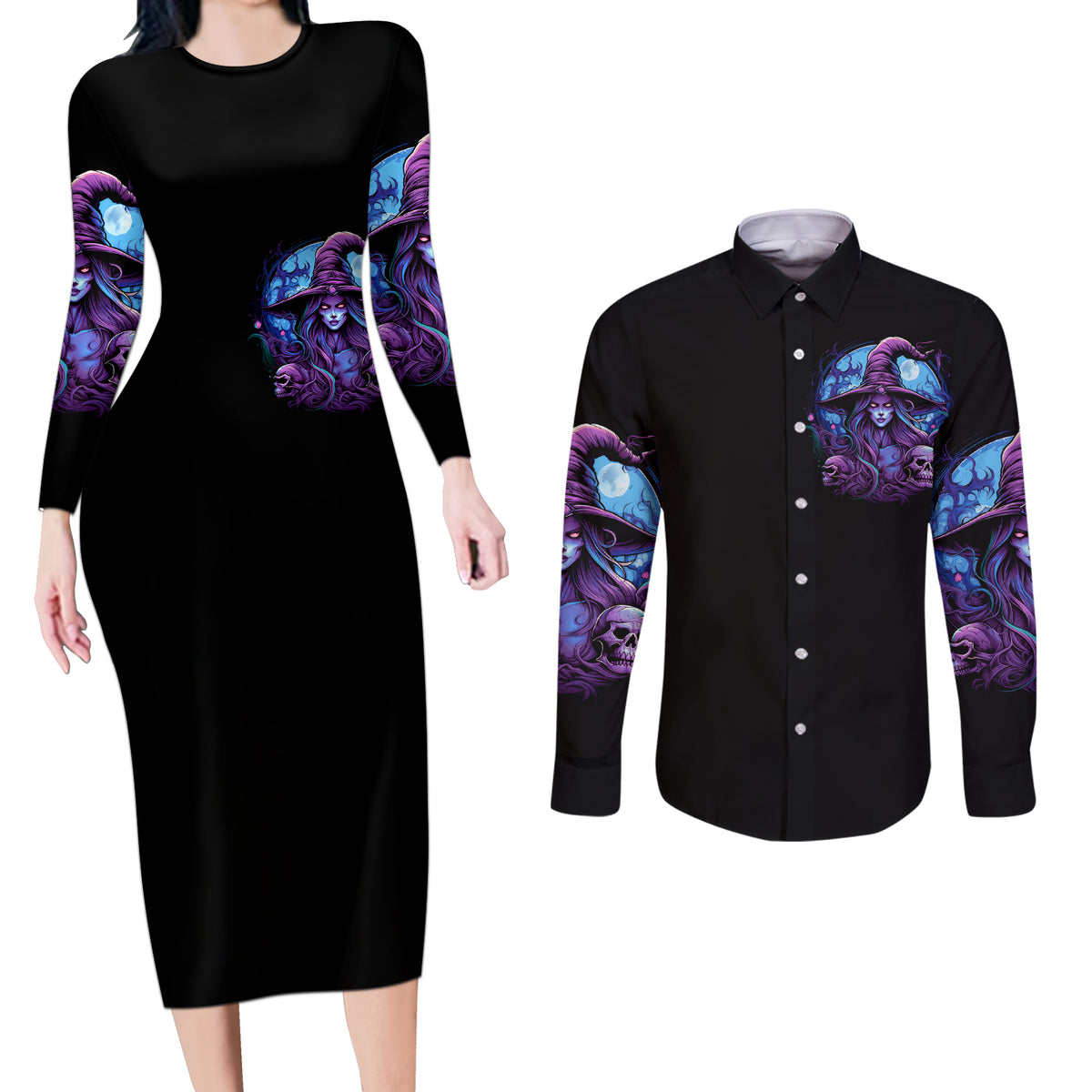 Witch Skull Couples Matching Long Sleeve Bodycon Dress and Long Sleeve Button Shirts Iam Who Iam Your Approval Isn't Need - Wonder Print Shop