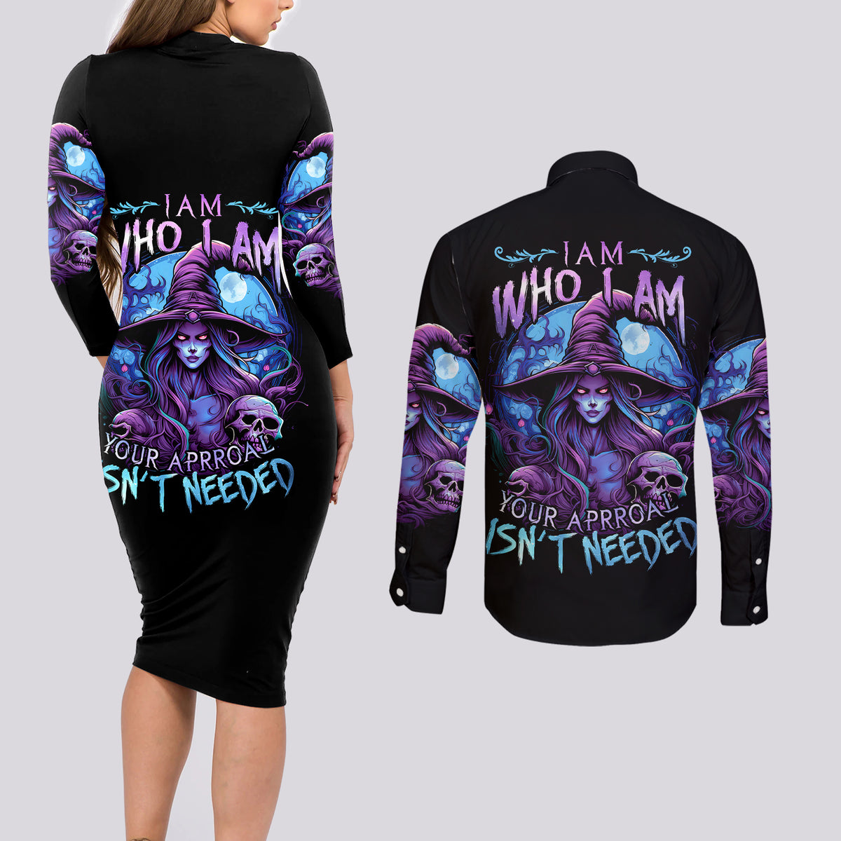 Witch Skull Couples Matching Long Sleeve Bodycon Dress and Long Sleeve Button Shirts Iam Who Iam Your Approval Isn't Need - Wonder Print Shop