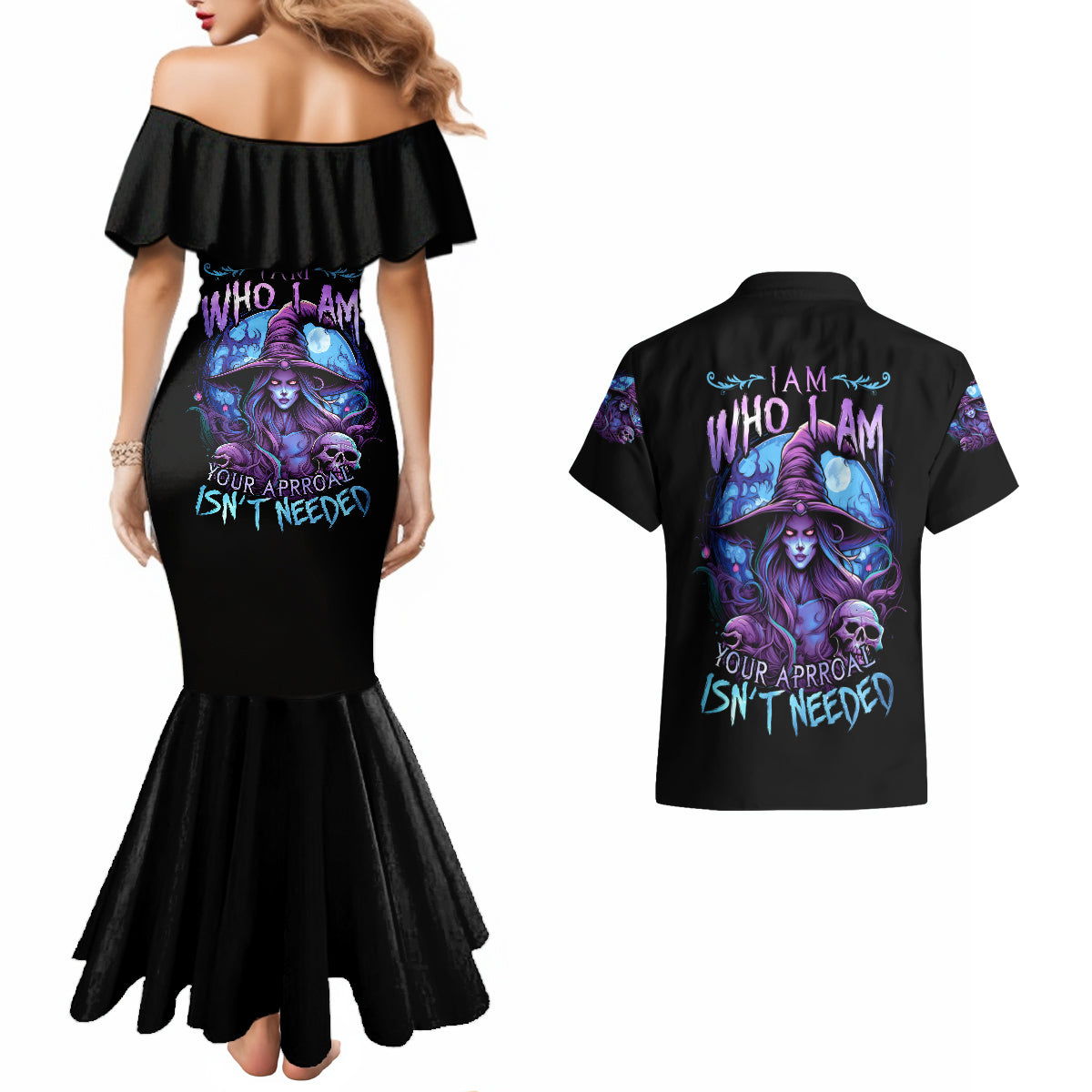 Witch Skull Couples Matching Mermaid Dress and Hawaiian Shirt Iam Who Iam Your Approval Isn't Need - Wonder Print Shop
