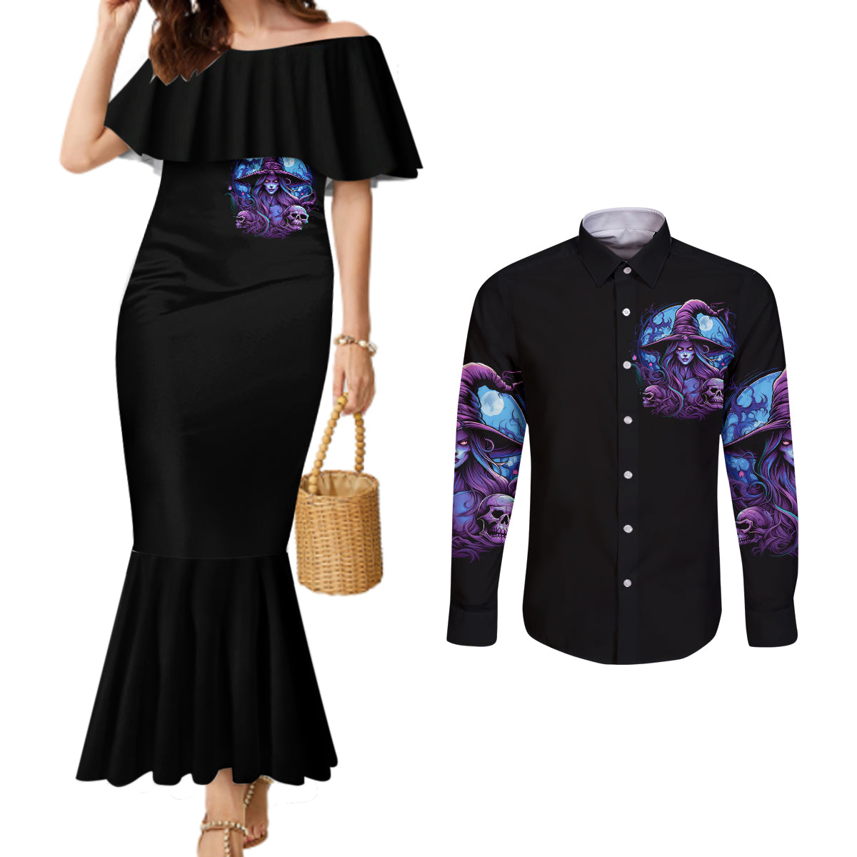 witch-skull-couples-matching-mermaid-dress-and-long-sleeve-button-shirts-iam-who-iam-your-approval-isnt-need