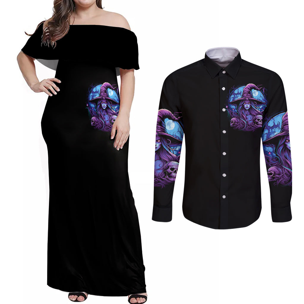 Witch Skull Couples Matching Off Shoulder Maxi Dress and Long Sleeve Button Shirts Iam Who Iam Your Approval Isn't Need - Wonder Print Shop