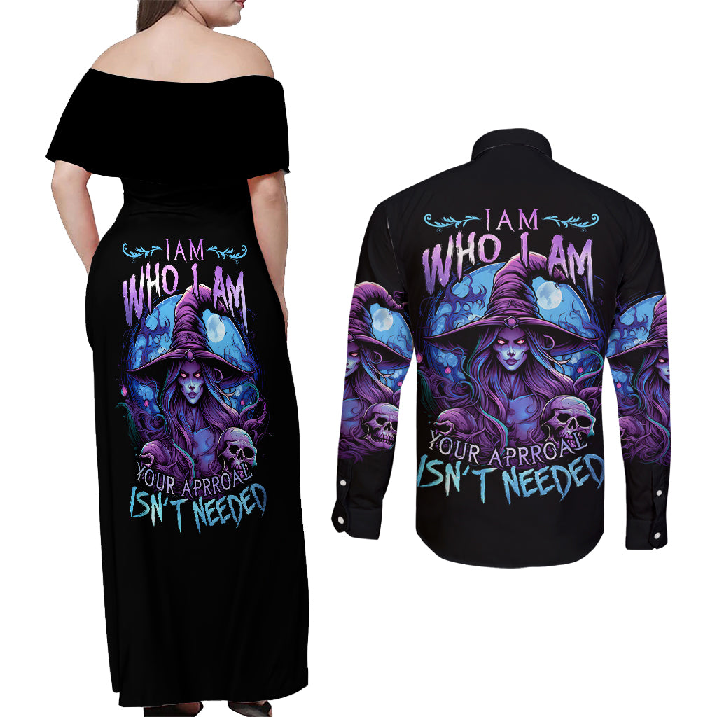 Witch Skull Couples Matching Off Shoulder Maxi Dress and Long Sleeve Button Shirts Iam Who Iam Your Approval Isn't Need - Wonder Print Shop