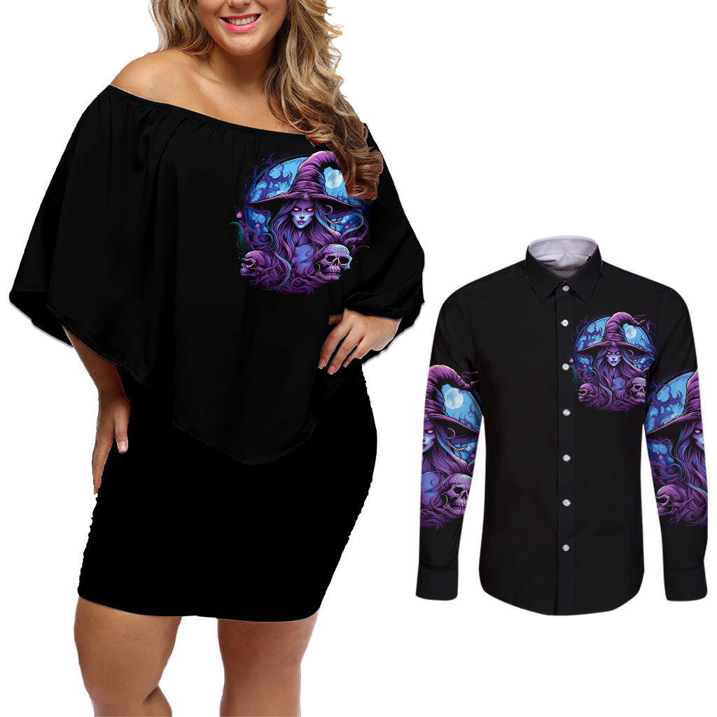 Witch Skull Couples Matching Off Shoulder Short Dress and Long Sleeve Button Shirts Iam Who Iam Your Approval Isn't Need - Wonder Print Shop