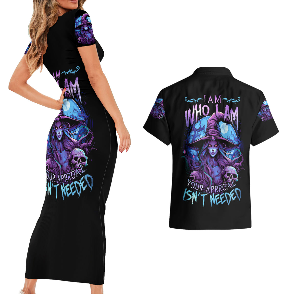 Witch Skull Couples Matching Short Sleeve Bodycon Dress and Hawaiian Shirt Iam Who Iam Your Approval Isn't Need - Wonder Print Shop