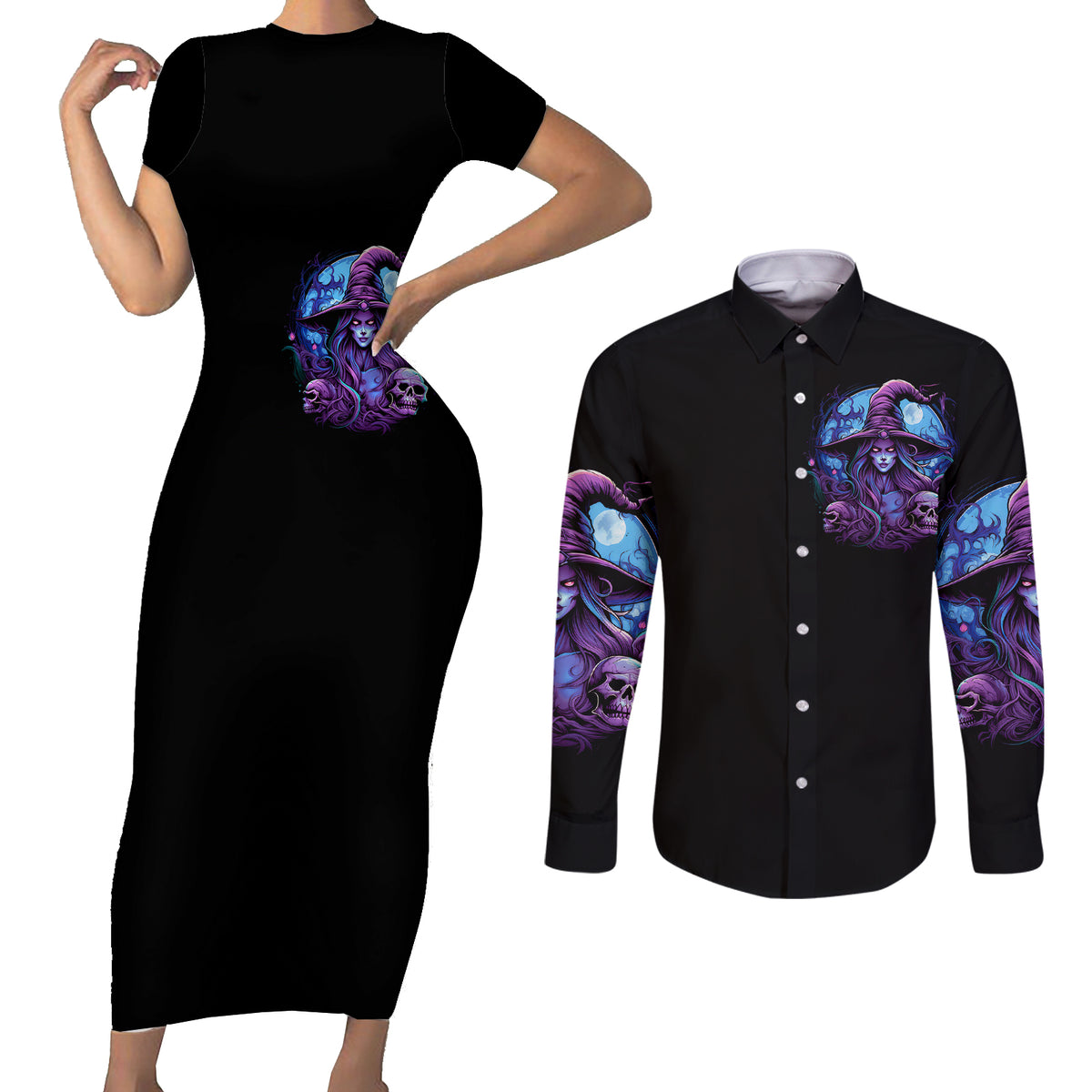 Witch Skull Couples Matching Short Sleeve Bodycon Dress and Long Sleeve Button Shirts Iam Who Iam Your Approval Isn't Need - Wonder Print Shop