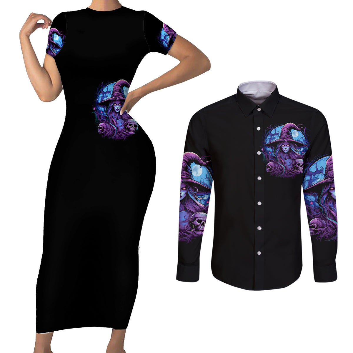 Witch Skull Couples Matching Short Sleeve Bodycon Dress and Long Sleeve Button Shirts Iam Who Iam Your Approval Isn't Need - Wonder Print Shop