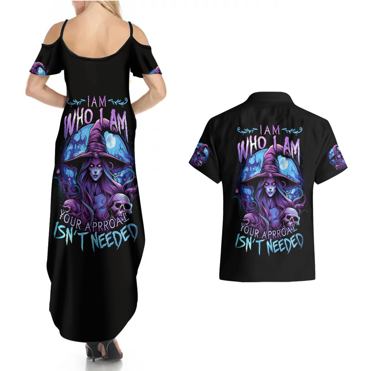Witch Skull Couples Matching Summer Maxi Dress and Hawaiian Shirt Iam Who Iam Your Approval Isn't Need - Wonder Print Shop