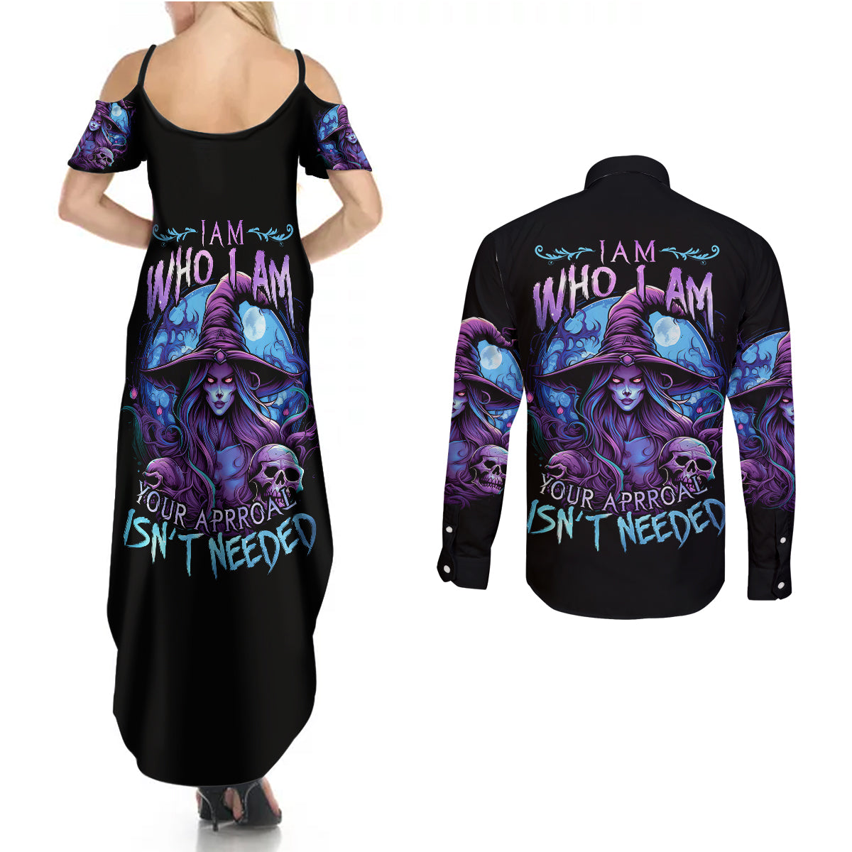 Witch Skull Couples Matching Summer Maxi Dress and Long Sleeve Button Shirts Iam Who Iam Your Approval Isn't Need - Wonder Print Shop