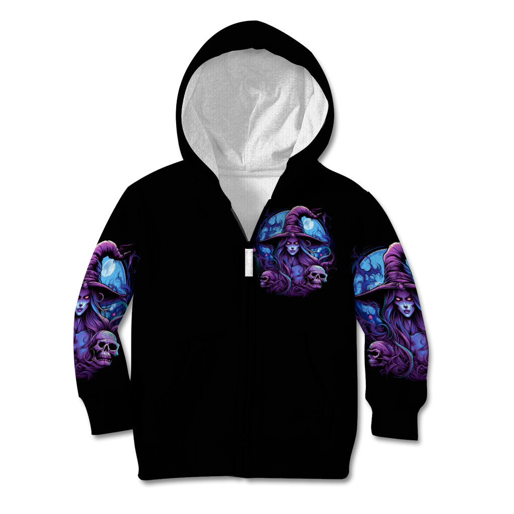 Black zip-up hoodie front view with centered witch graphic and visible zipper