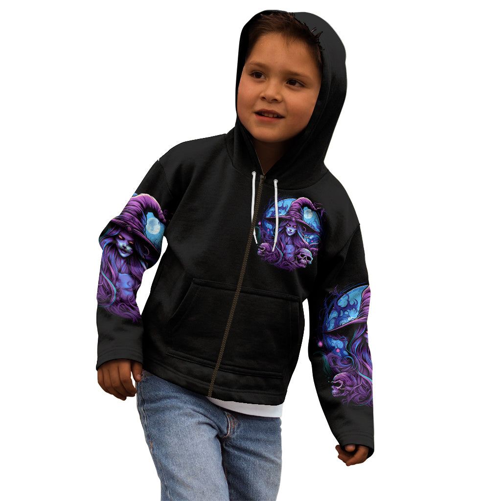 Black zip-up hoodie on child with hood up, zipper front, and purple witch sleeve print