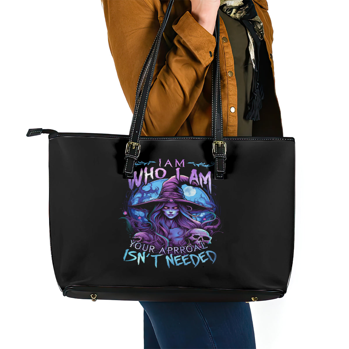 Witch Skull Leather Tote Bag Iam Who Iam Your Approval Isn't Need - Wonder Print Shop