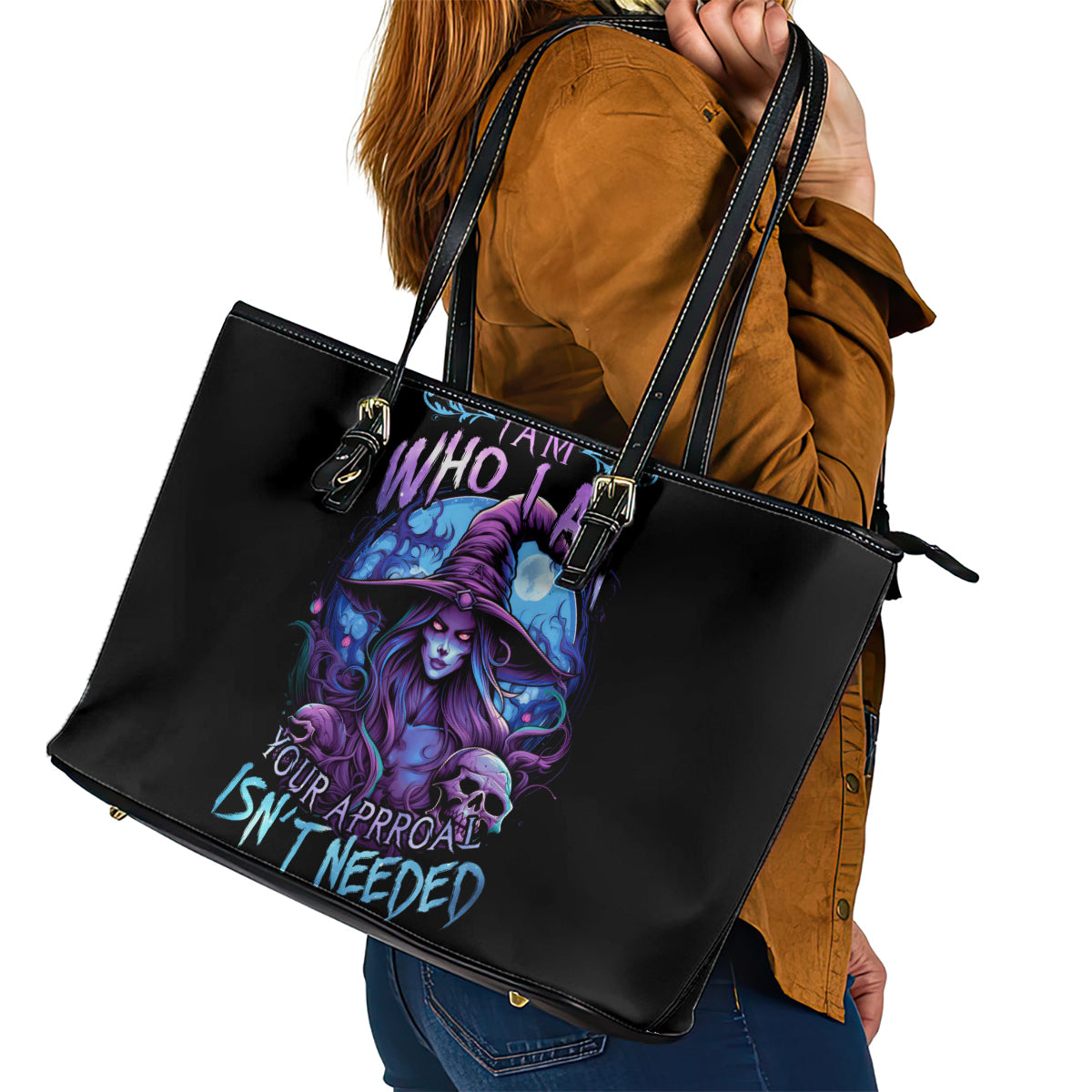 Witch Skull Leather Tote Bag Iam Who Iam Your Approval Isn't Need - Wonder Print Shop