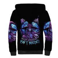 Black unisex sherpa hoodie with witch skull graphic and purple text