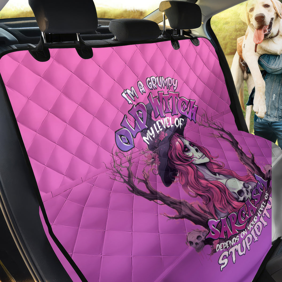 Witch Skull Back Car Seat Cover I'm A Grumpy Old Lady Sarcasm Depends On Your Stupidity - Wonder Print Shop