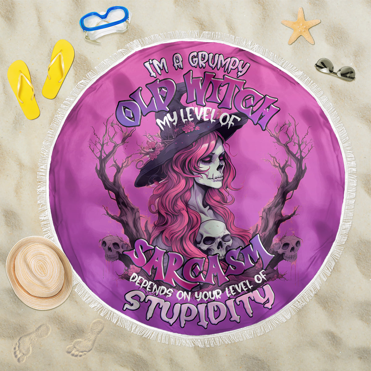 Witch Skull Beach Blanket I'm A Grumpy Old Lady Sarcasm Depends On Your Stupidity - Wonder Print Shop