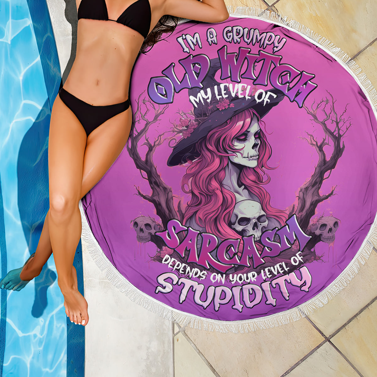 Witch Skull Beach Blanket I'm A Grumpy Old Lady Sarcasm Depends On Your Stupidity - Wonder Print Shop