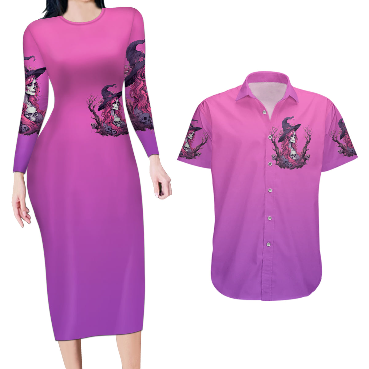 Witch Skull Couples Matching Long Sleeve Bodycon Dress and Hawaiian Shirt I'm A Grumpy Old Lady Sarcasm Depends On Your Stupidity - Wonder Print Shop