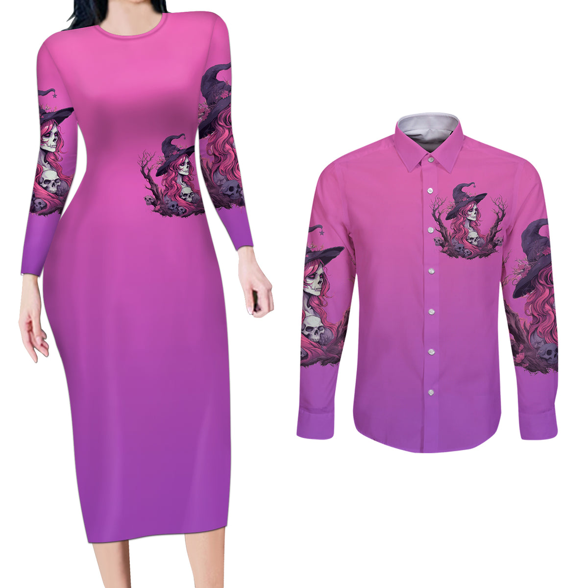 Witch Skull Couples Matching Long Sleeve Bodycon Dress and Long Sleeve Button Shirts i'm A Grumpy Old Lady Sarcasm Depends On Your Stupidity - Wonder Print Shop