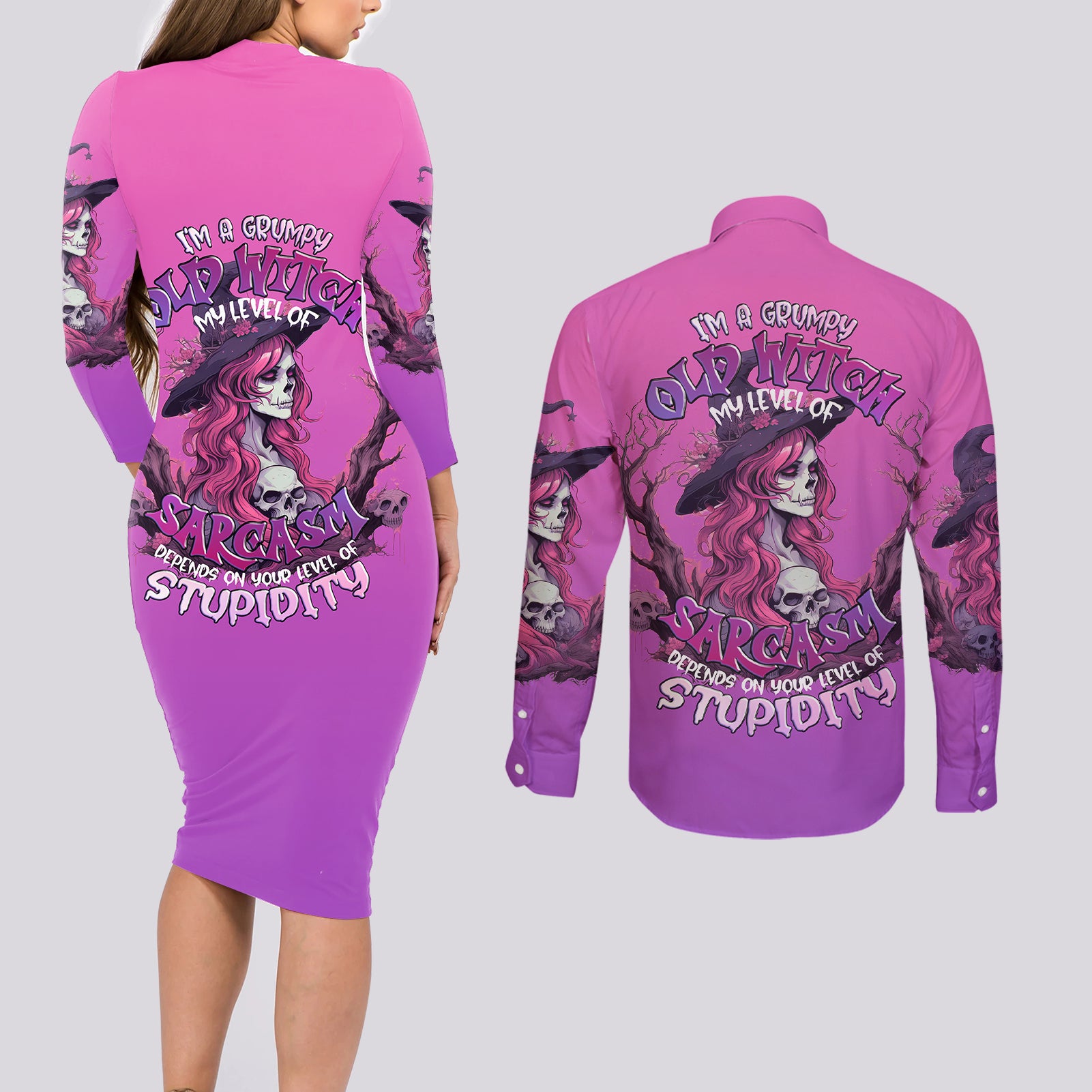 Witch Skull Couples Matching Long Sleeve Bodycon Dress and Long Sleeve Button Shirts I'm A Grumpy Old Lady Sarcasm Depends On Your Stupidity - Wonder Print Shop