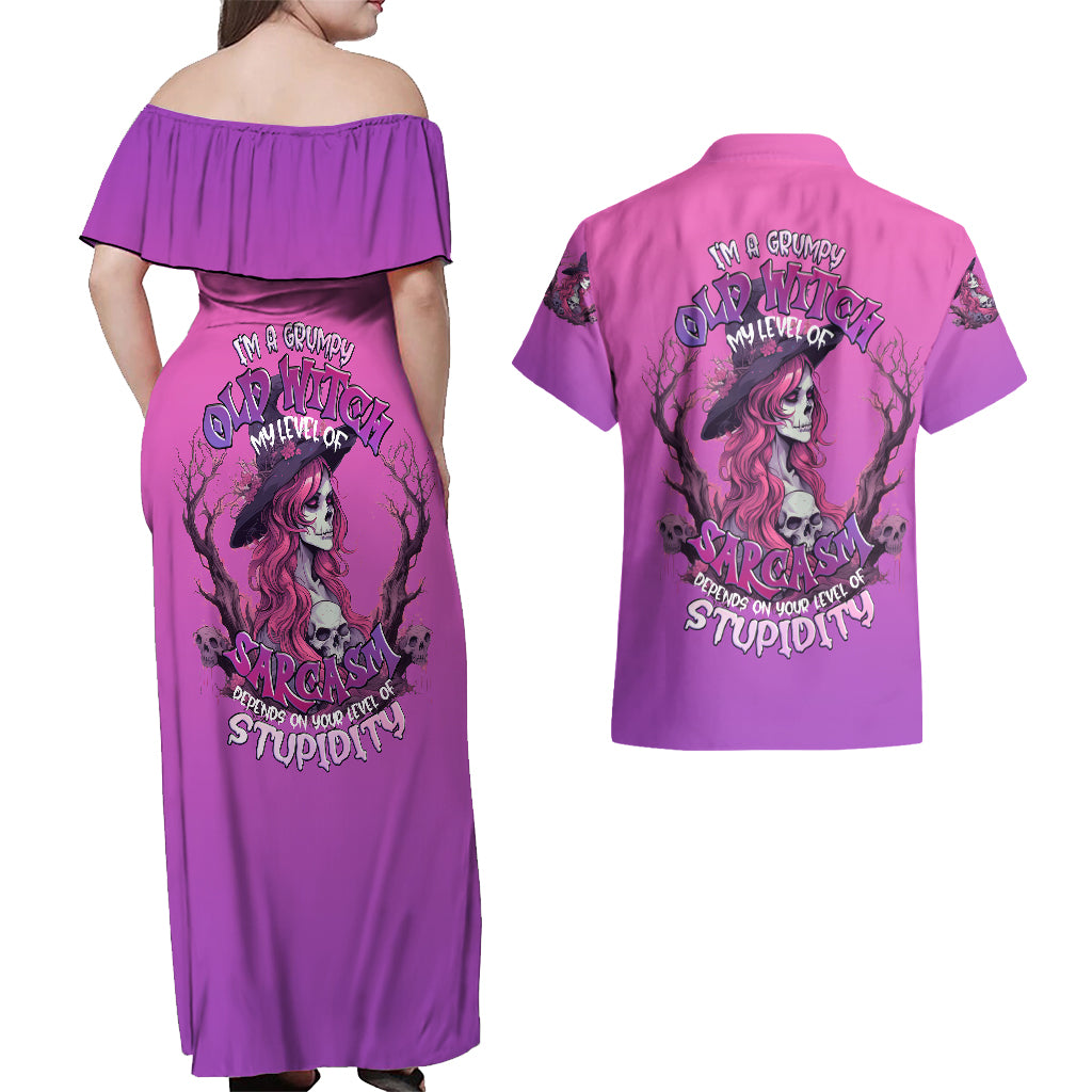 Witch Skull Couples Matching Off Shoulder Maxi Dress and Hawaiian Shirt I'm A Grumpy Old Lady Sarcasm Depends On Your Stupidity - Wonder Print Shop