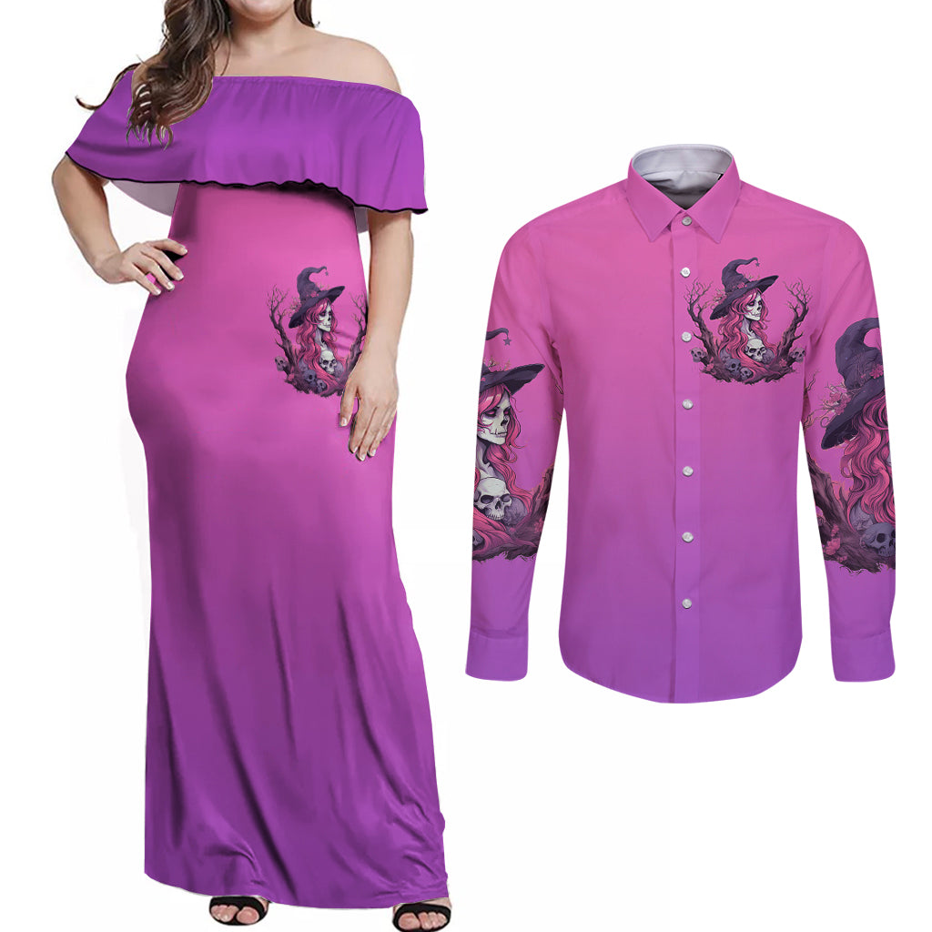 Witch Skull Couples Matching Off Shoulder Maxi Dress and Long Sleeve Button Shirts I'm A Grumpy Old Lady Sarcasm Depends On Your Stupidity - Wonder Print Shop