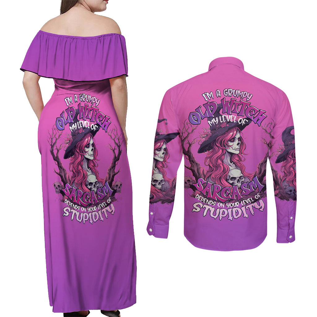Witch Skull Couples Matching Off Shoulder Maxi Dress and Long Sleeve Button Shirts i'm A Grumpy Old Lady Sarcasm Depends On Your Stupidity - Wonder Print Shop