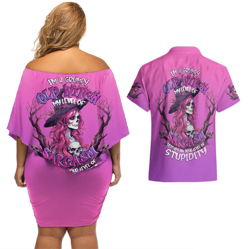 Witch Skull Couples Matching Off Shoulder Short Dress and Hawaiian Shirt i'm A Grumpy Old Lady Sarcasm Depends On Your Stupidity - Wonder Print Shop
