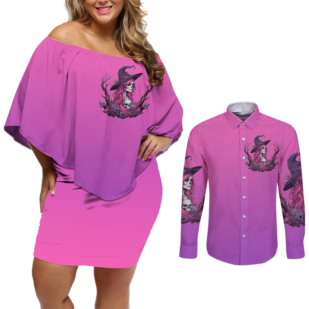 Witch Skull Couples Matching Off Shoulder Short Dress and Long Sleeve Button Shirts I'm A Grumpy Old Lady Sarcasm Depends On Your Stupidity - Wonder Print Shop