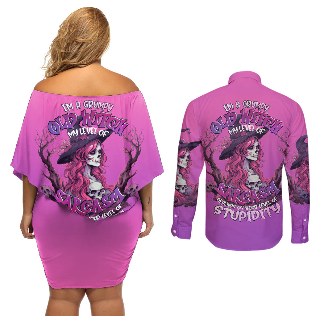 Witch Skull Couples Matching Off Shoulder Short Dress and Long Sleeve Button Shirts i'm A Grumpy Old Lady Sarcasm Depends On Your Stupidity - Wonder Print Shop