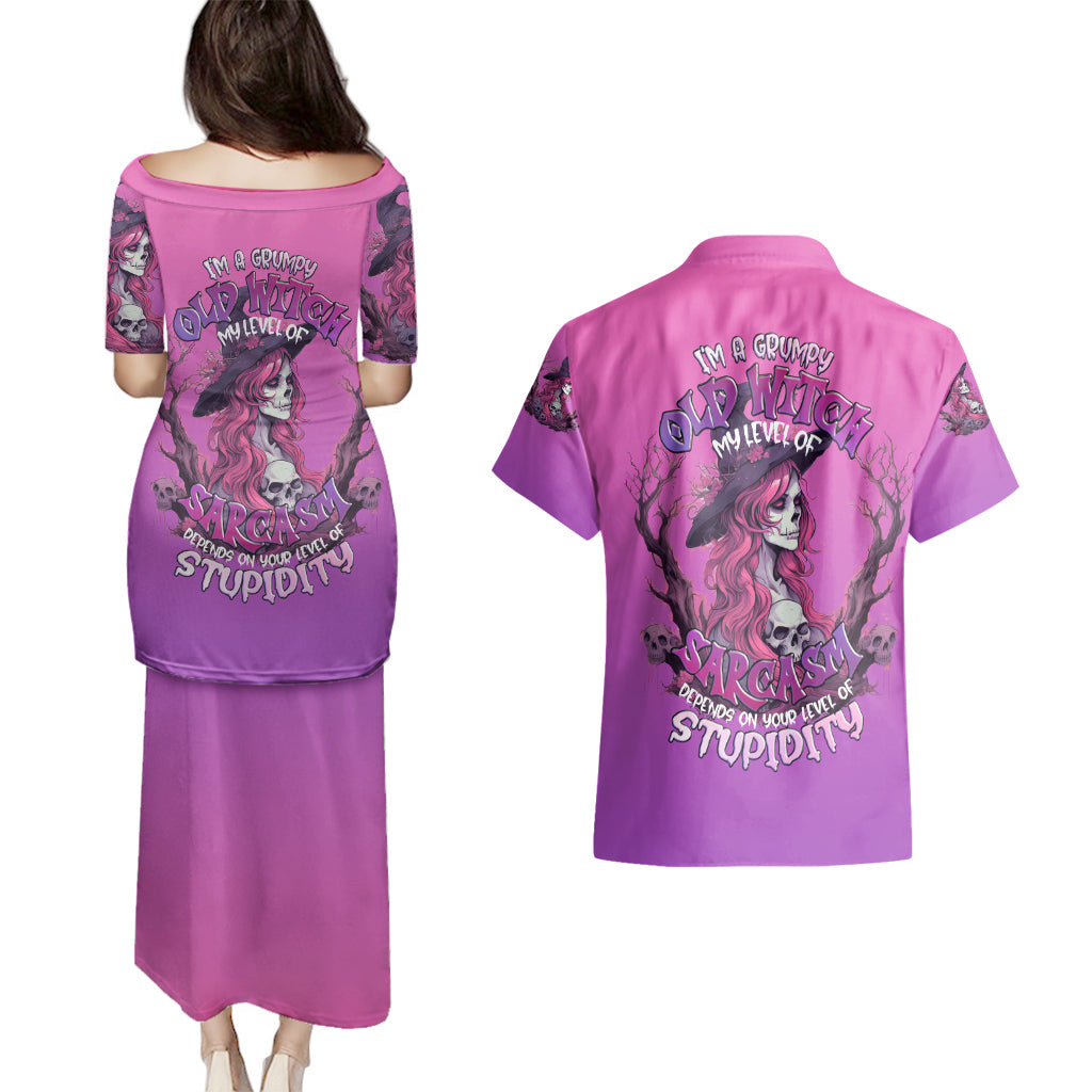 Witch Skull Couples Matching Puletasi Dress and Hawaiian Shirt I'm A Grumpy Old Lady Sarcasm Depends On Your Stupidity - Wonder Print Shop