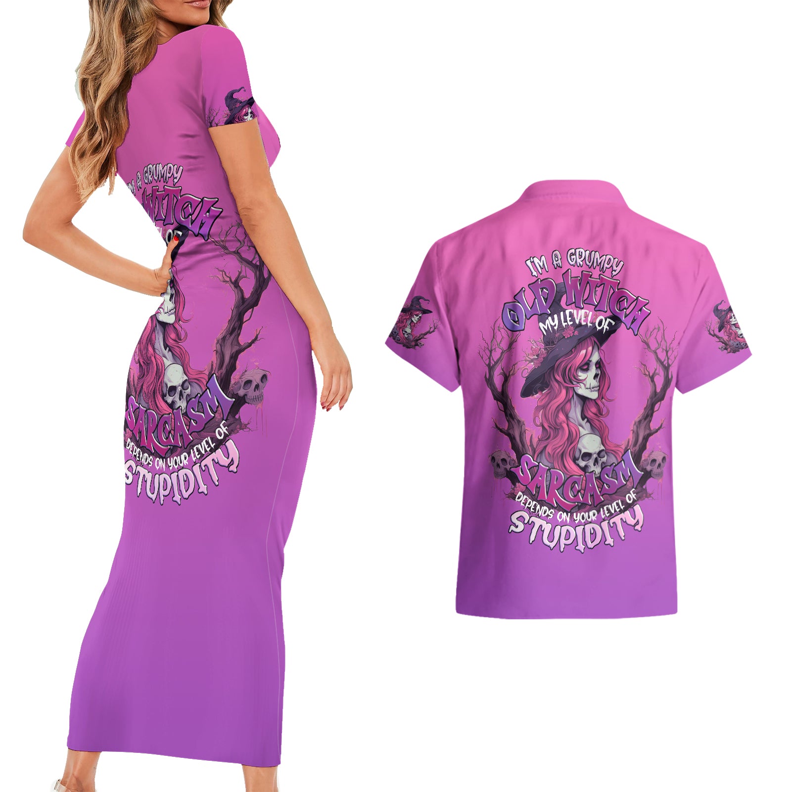 Witch Skull Couples Matching Short Sleeve Bodycon Dress and Hawaiian Shirt i'm A Grumpy Old Lady Sarcasm Depends On Your Stupidity - Wonder Print Shop