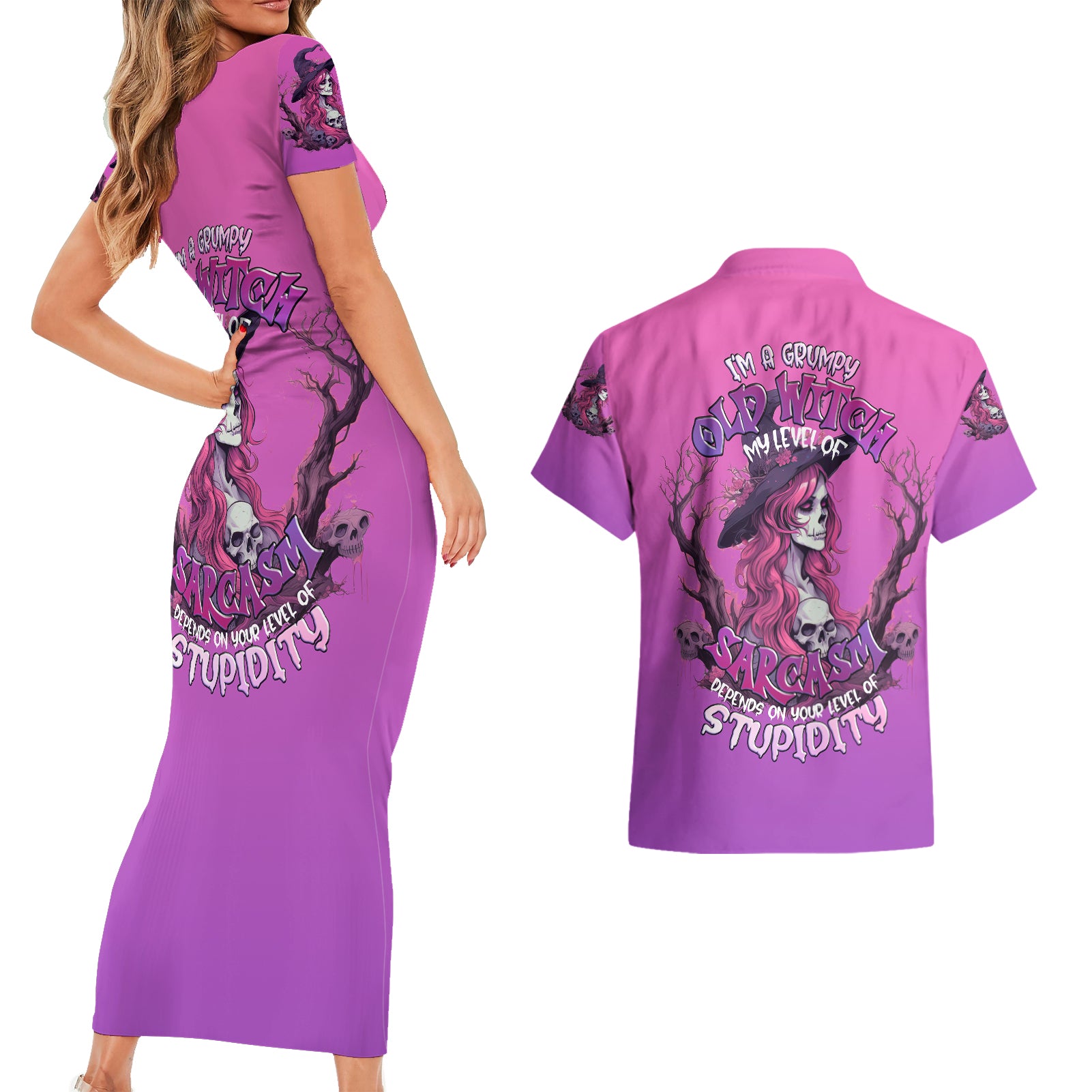 Witch Skull Couples Matching Short Sleeve Bodycon Dress and Hawaiian Shirt I'm A Grumpy Old Lady Sarcasm Depends On Your Stupidity - Wonder Print Shop
