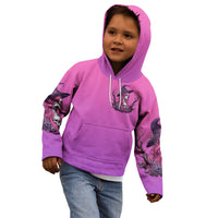 Pink kids hoodie with front pocket and raised witch-skeleton graphic, hood up